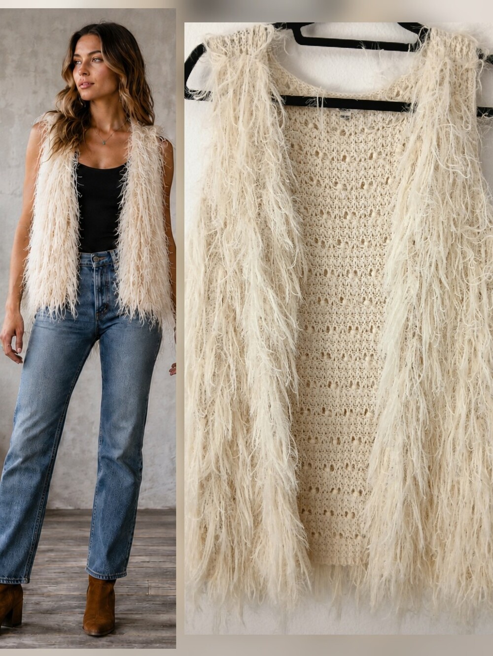 YA Los Angeles One Size Ivory Shaggy Fringe Knit Open Front Boho Vest Women's OS